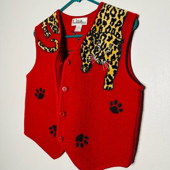 Lisa International 100% Boiled Wool Red Leopard Design Vest Size Petite Small - Picture 11 of 11